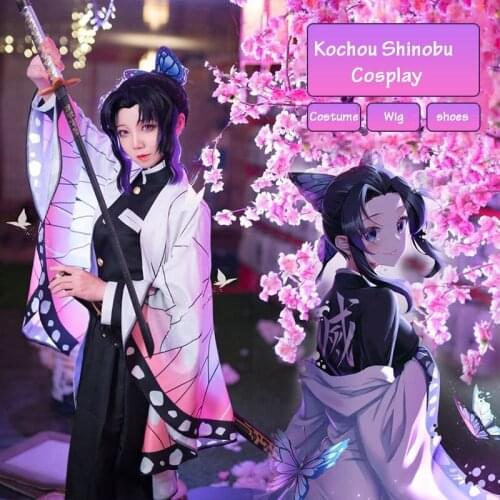 Anime Demon Slayer Kimetsu no Yaiba Kochou Shinobu Cosplay Costume women adult kids girls child Kimono Halloween Christmas Wig