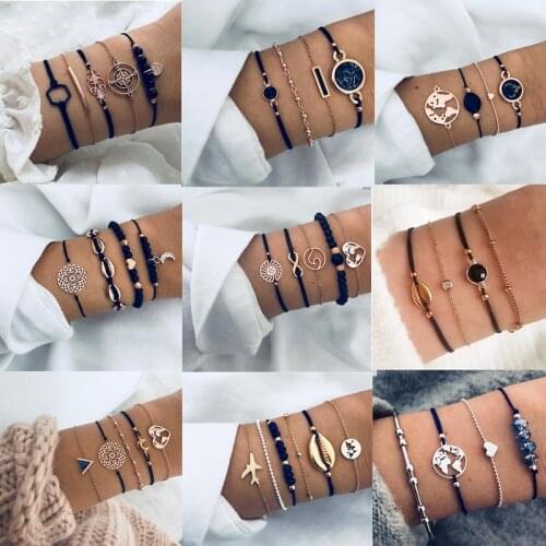 DIEZI 30 style Boho Elephant Heart Shell Moon Airplane Map Crystal Bead Bracelet Women Charm Party Wedding Jewelry Accessories