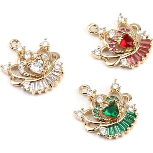 DoreenBeads 2 PCs Crown Series Pendant For Jewelry DIY Copper Charms Gold Color Bowknot Green Rhinestone Necklace Making 20x16mm