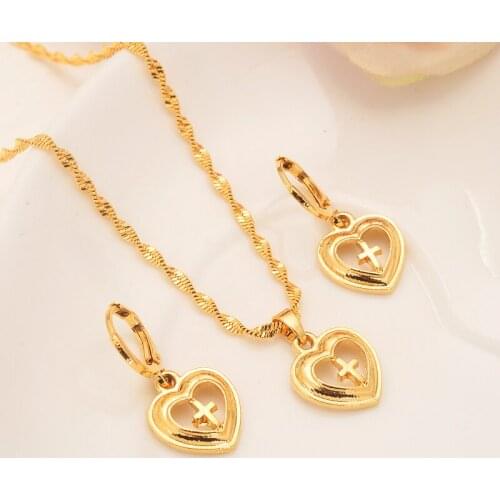 Europe women Jewelry set 9 k Fine G/F Solid Fine Gold heart cross Pendant Necklaces/Earrings/Ring Gift