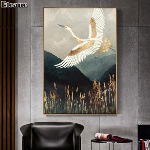 White Gold Bird Crane Canvas Painting Abstract Art Animal Poster and Prints Nordic Modern Wall Art Aesthetic Room Decor Picture