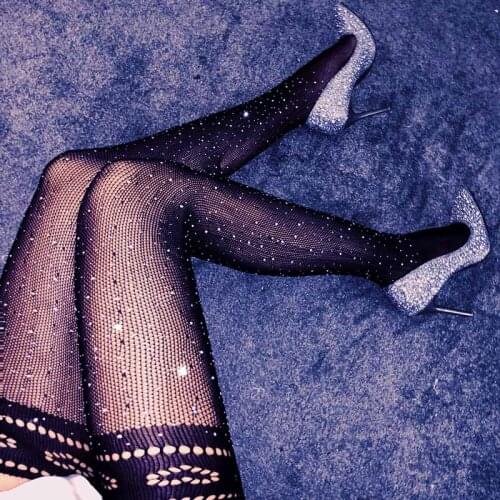 Women Fishnet Tights Glitter Diamond Sexy Pantyhose Women Nylon Stockings With Rhinestones Shiny Pantyhose Suspender Tights