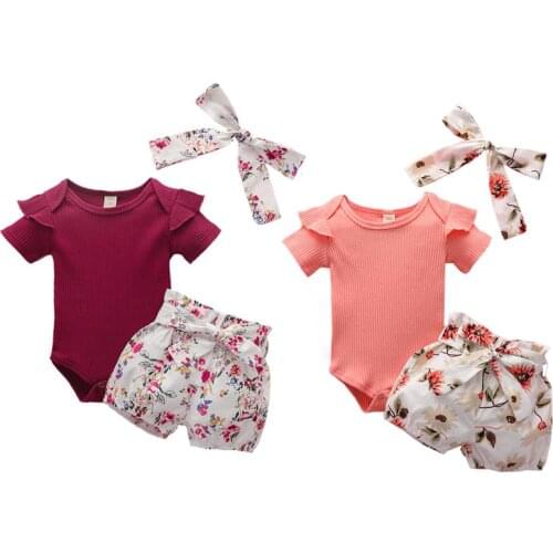 Summer Newborn Toddler Baby Girl Ruffle Short Sleeve Romper Knit Top Flower Shorts Headband Outfits Kids Girls Suit 0-24M
