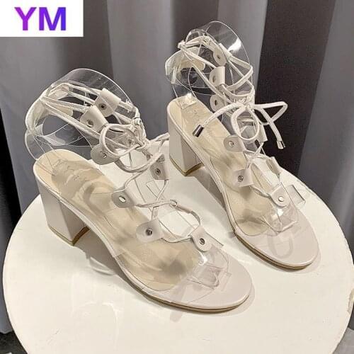 Hot Black PVC Summer Sandals Women High Heels Sandals Ankle Straps Lace Up Sexy Ladies Plus Size 35-43 Zapatos De Mujer Tacon