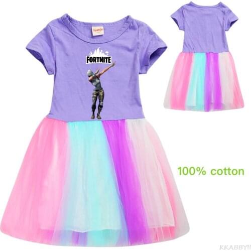 Fortnites Girls Sweet Dresses New Summer Girls Cartoon Dress Cute Mesh Party Outfits Kids Spring Clothing Suits