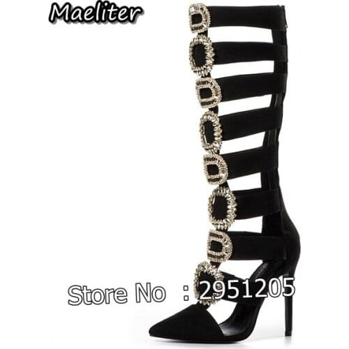 New Design Women Fashion Pointed Toe Black Leather Knee High Sandal Boots Crystal Rhinestone Stiletto High Heel Gladiator Boots