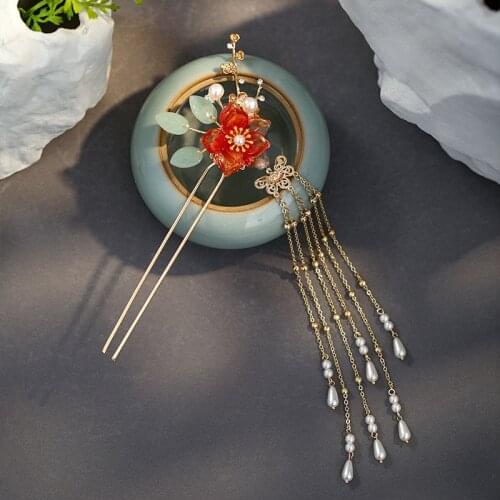 Faux Pearl Tassel Red Color Hair Pin Gold Color Hair Stick Flower Shape Tassels Hair Clip Classic Chinese Style Jewelry SL