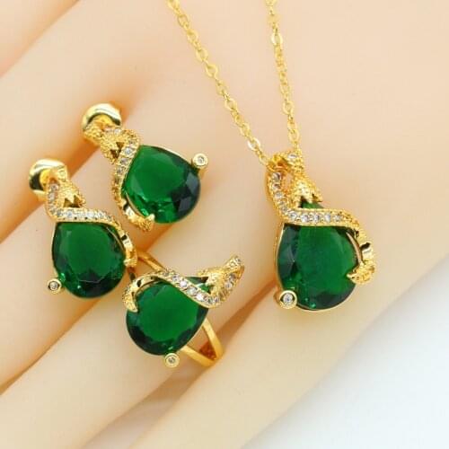 Water Drop Gold Color Jewelry Set for Women Stud Earrings Necklace Pendant Rings Green Blue Red Semi-precious Gift Box
