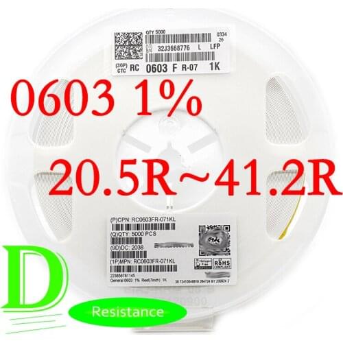 100PCS SMD Resistor RC Series 0603 1% Original RC0603FR-07 Series 20.5R-41.2R All resistors 20R 22R 24R 27R 30R 33R 36R 39R