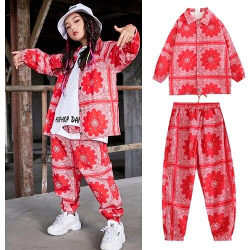 New Hip Hop Girls Jazz Hip Hop Dance Costumes Kids Red Shirt Hiphop Pants Rave Clothes Ballroom Dance Dress Stage Outfits DQS335