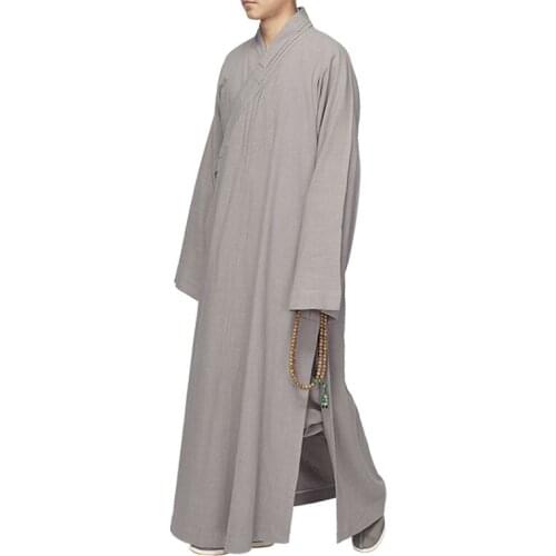 Unisex linen&cotton Buddhist shaolin monk suits robe gown uniforms zen lay meditation martial arts clothing gray