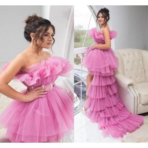 Hot Pink High Low Puffy Prom Dresses Sash Ruched Strapless Tiered Tulle Tutu Cocktail Party Dress Simple Abiye Gece Elbisesi