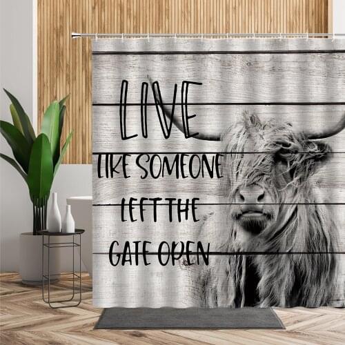 Animal Cow Shower Curtain Highland Cattle Bathroom Decors Retro Wood Stripes Backdrop Waterproof Fabric With Hooks Bath Curtains
