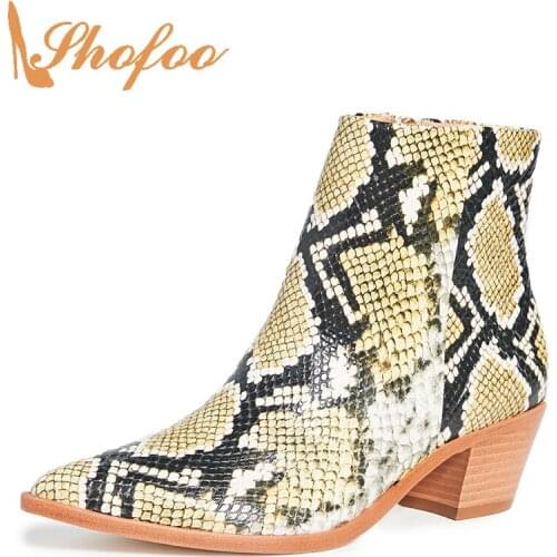 Yellow Snake Pattern Pointed Toe High Chunky Heels Ankle Boots Woman Zipper For Ladies Autumn Shoes Fashion Mature Large Size 11