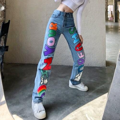 Y2k Letter Print Jeans Women High Waist Baggy Fashion Streetwear Vintage Straight Trousers Female Cargo Denim Pants Harajuku New