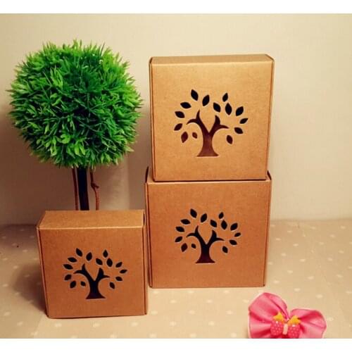 10.5*10.5*4cm Kraft Paper Box With Tree Hollow Pattern Window Small Kraft Soap Packing Box Kraft Paper Gift Packaging Box