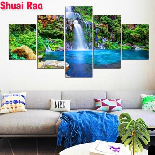 5D Diy Diamond Embroidery,Landscape,Full Square Round Diamond Painting Cross Stitch,Rhinestone Mosaic Waterfall 5 Pieces