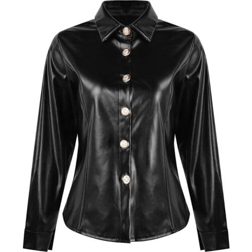 2021 Spring Autumn PU Shirt Women Solid Faux Leather Shirt Blouse Vintage Button Tops Office Ladies Blusas Female Camiseta