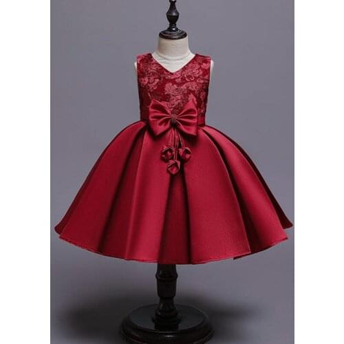 Elegant Embroider Satin Beaded Bow Show Tutu Girl Dress Princess Performance Party Piano Evening Dress for Girls Costume K1-1765