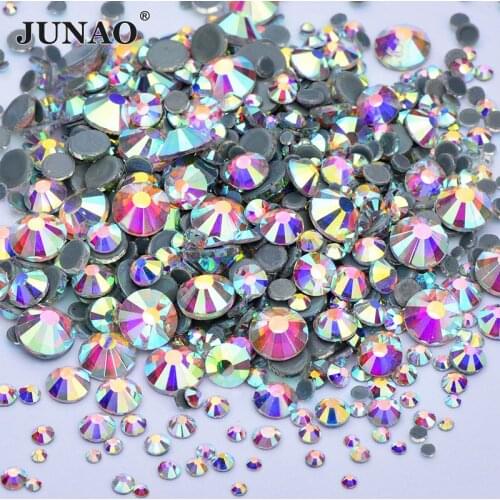 JUNAO 1440pcs Mix Size Crystal AB Hot Fix Glass Rhinestones Flat Back Hotfix Strass Round Crystal Stone for Clothes Decoration