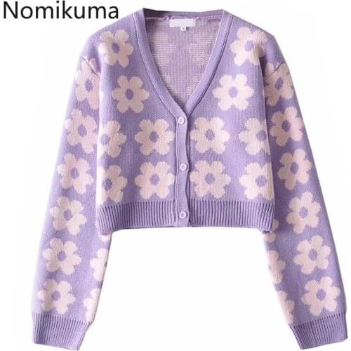 Nomikuma Purple Floral Short V-neck Knitted Cardigan Causal Long Sleeve Crop Top Sweater Coat 2020 Autumn Korean Knitwear 6D053