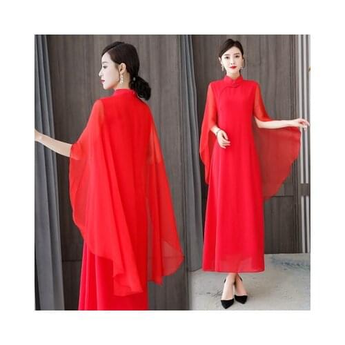 2021 Chinese Red Shawl Fairy Improved Chiffon Dress Robe Femme Roupas Feminina Vestido Midi Plus Size 3xl Dresses Office Lady