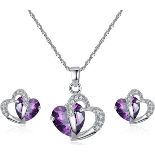 KOFSAC Fashion 925 Silver Necklace Earrings set Korean Charm Blue Heart Crystal Jewelry sets For Women Engagement Accessories