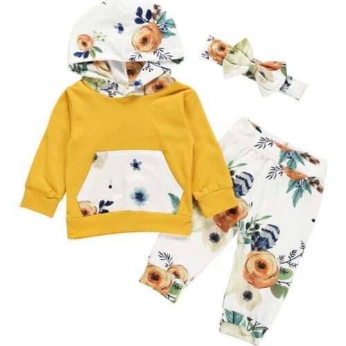 3pcs Baby Girls Clothes Set Long Sleeve Hooded Sweater Girls Set Floral Print Hoodies Sweatshirt Girls Long Pants Suit Kids Set