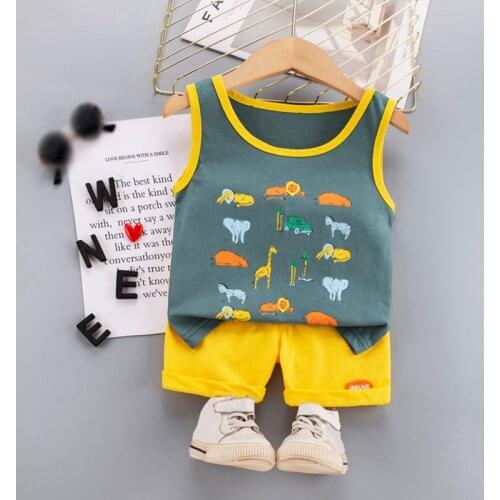 Summer Toddler Baby Boy Two Pieces Outifts Cartoon Sleeveless Tops Vest + Shorts Children Tee Clothing Suit