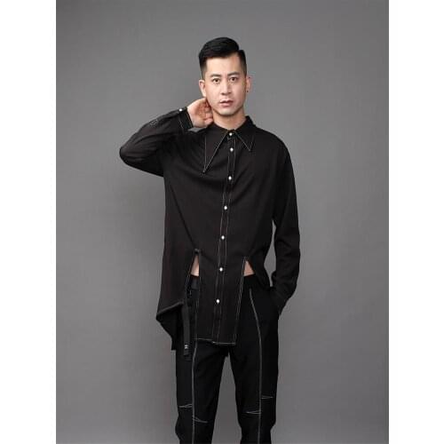 Mens character long sleeve shirt spring new hem opening design fashion black car sewing trend long sleeve shirt