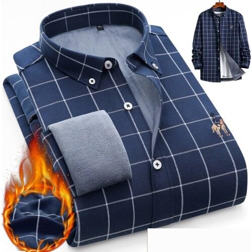 Winter Oxford Warm Shirt for Male Plus Velvet Thickening Fashion Print Plaid Shirt Long Sleeve Mens Brand Dress Tops Shirt