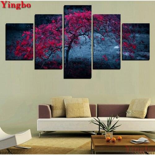 5 Pieces 5D Diamond Painting Cross Stitch Red tree Diy Diamond Embroidery scenery Full square round Diamond Mosaic Needlework