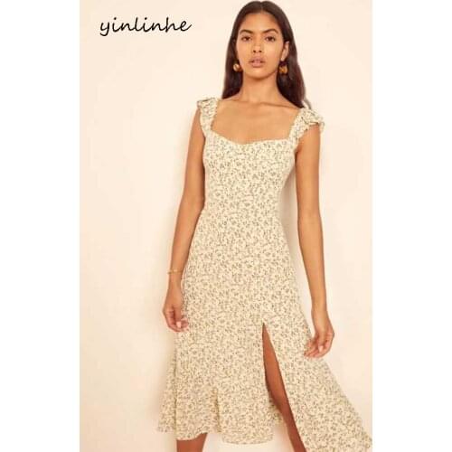 Yinlinhe White Green Split Midi Dress Women Elastic Backless Slim Summer Dress French Style Vintage Beach Sundress Women 2166