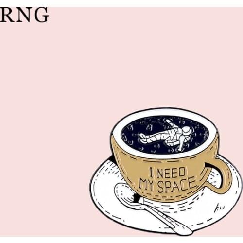 RNG New tea cup, coffee cup, spoon plate, alien lying in the tea cup,I NEED MY SPACE individual creativity, metal enamel pins