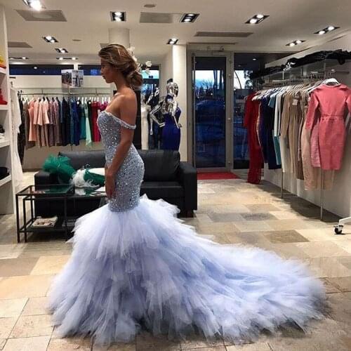 Luxury Crystal Mermaid Prom Dresses 2021 Off Shoulder Sweetheart Court Train Bridal Gowns Sparkly Formal Evening Party Gowns