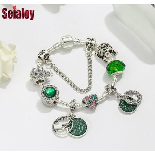 Seialoy Green Crystal Pendant Lucky Charms Bracelets For Women Girl Original Heart Beaded Diy Bracelet Bangle Jewelry