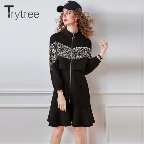 Trytree 2020 Spring Winter Casual Women Dress Zipper Shinny Sequined Patchwork Black Mermaid Ruffled Hem High Street Dress