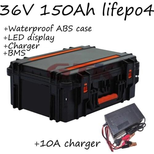 Waterproof 36V 150Ah LiFepo4 lithium battery pack BMS with LED display USB fishing boats solar system motor EV RV+10A charger
