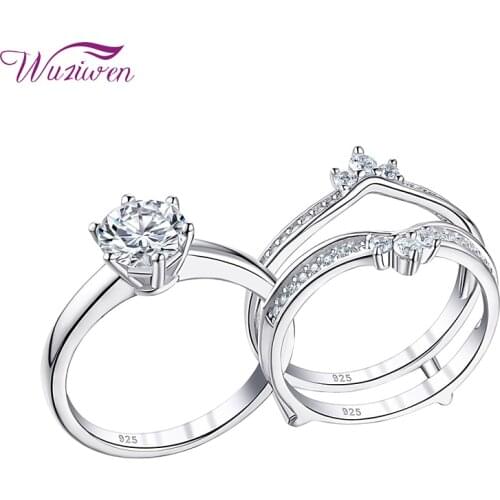Wuziwen 925 Sterling Silver Solitaire Engagement Ring Guard Band Brilliant Round AAAAA Zircon Wedding Rings Bridal Set Jewelry