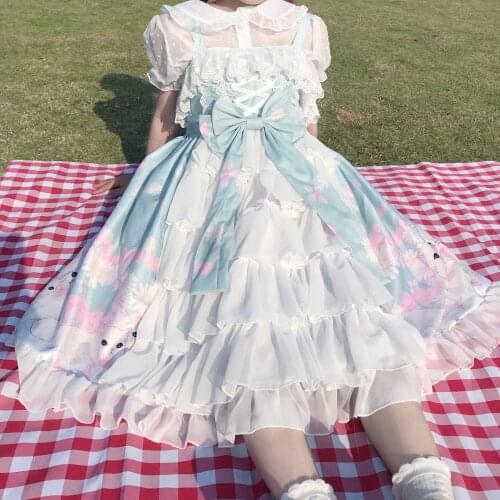 Japanese Harajuku Gothic Lolita Suspender Dress Sweet Peter Pan Collar Top Cute Bow Cosplay Kawaii Ruffles Cartoon Cat JSK Dress