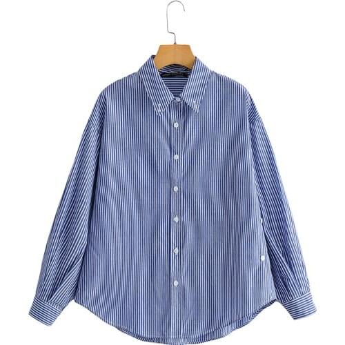 Baldauren Women 2021 Fashion Striped Loose Asymmetrical Blouse Retro Long Sleeve Button Shirt Streetwear