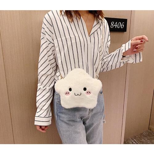 Womens Winter bag Plushed soft star shoulders bag Cartoon storage bag Smiling star Sling bag for gilrs