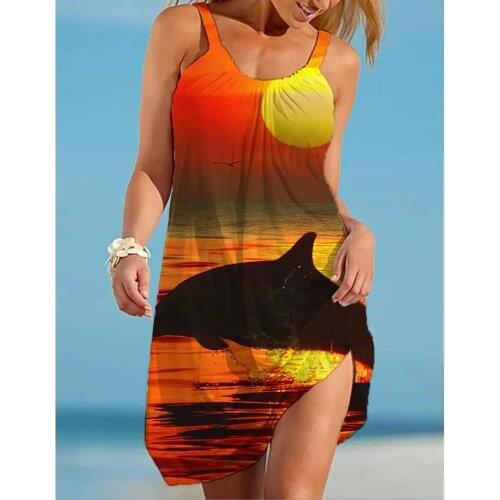 Fashion Girls Beach Dress Dolphin 3D Print Women Brand Sleeveless Sundress Spaghetti Strap Dresses Bikini Female Beachwear Dress