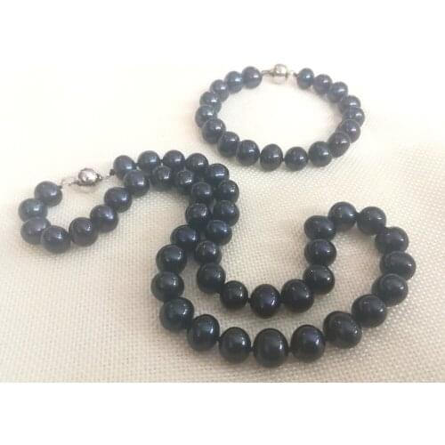 Women Jewelry set 8x9mm black colors natural pearl necklace bracelet Cultured freshwater pearl 17'' 43cm