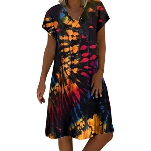 Plus Size Bohe Dresses For Women 2021 Womens Summer Loose Tie-dye Printed Short-sleeved V-neck Dress Vestidos De Mujer Casual