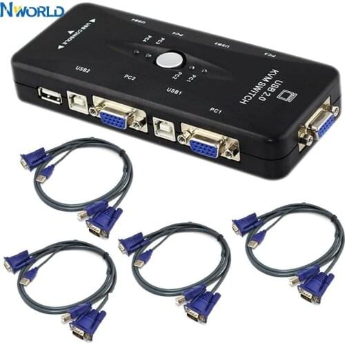 1set 4 KVM Switch Cables+ Hub 4 Port USB 2.0 KVM VGA/SVGA Switch Box Adapter Connects Printer keyboard Mouse