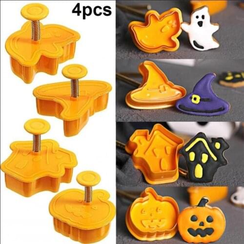 4pcs Halloween Cookie Stamp Biscuit Mold 3D Pumpkin Ghost Theme Cookie Cutter Plunger Cake Decorations Party Accessories