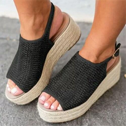 Summer Women Retro Thick Soled Sandals Peep Toe Platform With 6CM High Heels Wedges Hemp Ladies Plus Size 35-43 Shoes