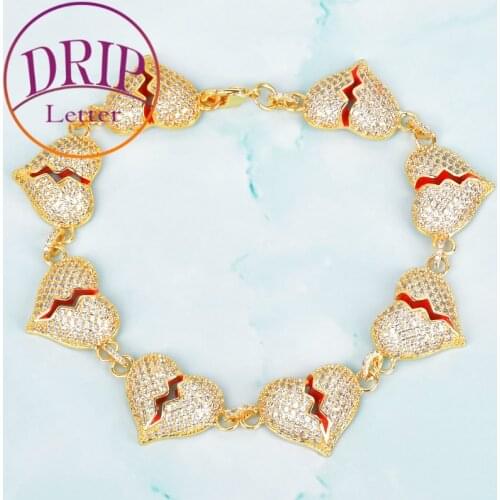 Broken Heart Bracelet Chain Mens Women Hip Hop Gold Color AAA Cubic Zircon Jewelry For Love Gift