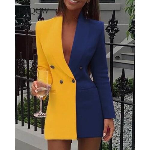 Color Contrast Women Casual Blazers Button Jackets Coats Long Sleeves Double Breasted Office Lady Solid Suits 2021 Blazer S-2XL